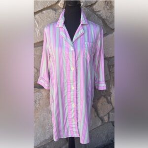 Ralph Lauren Pink Striped Cotton Night Shirt Medium Embroidered Logo Womens EC